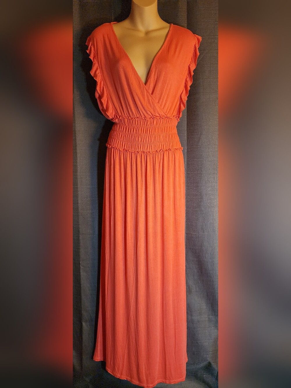 Time & Tru Coral Fire Maxi Dress L 12-14 Smocked Waist Side Slits Flutter Sleeve